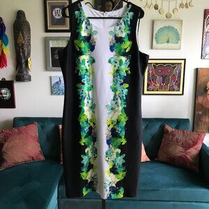 CALVIN KLEIN size 12 Slimming Floral Print Stretch Scuba Sleeveless Sheath Dress